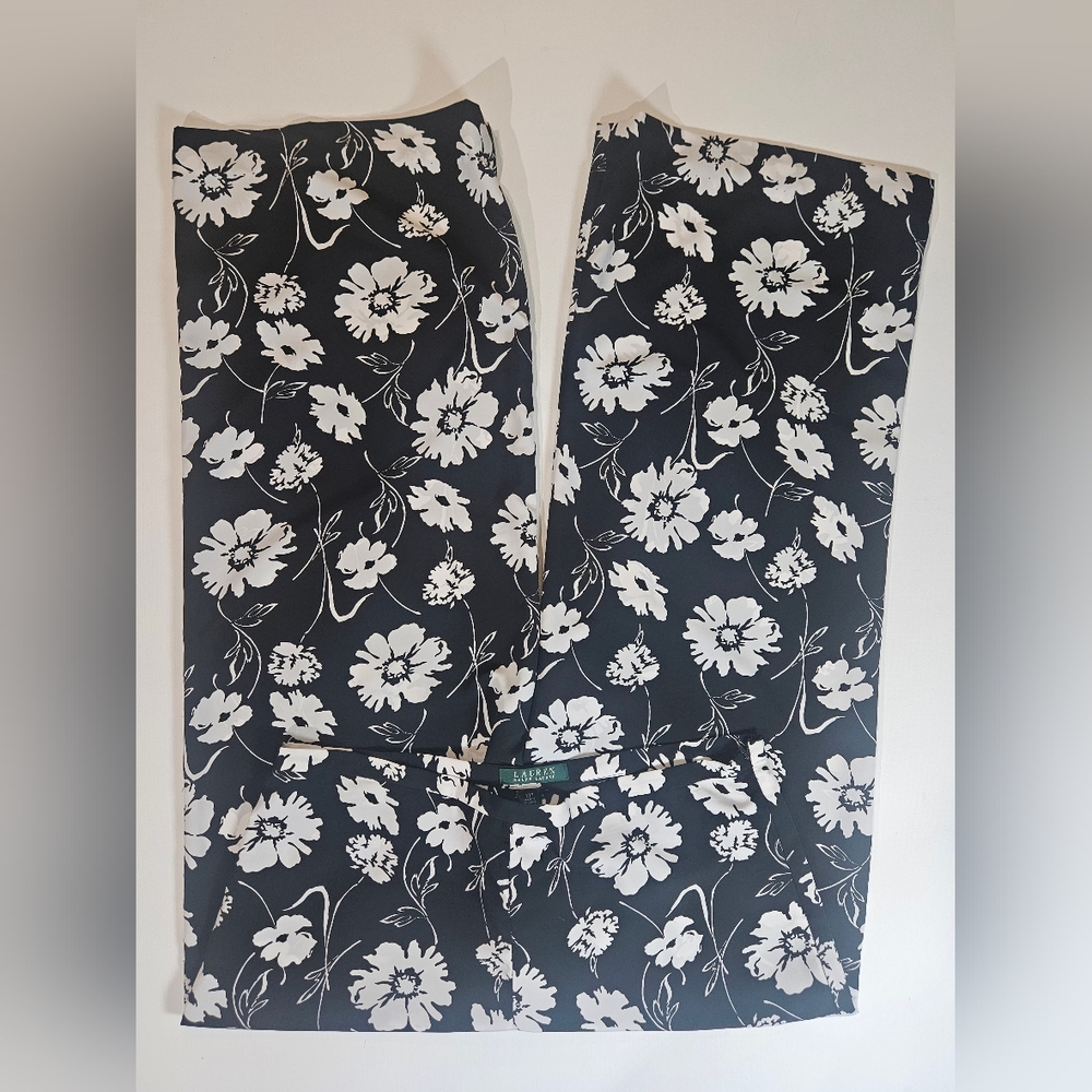 Lauren Ralph Lauren Womens Pants‎ Size 10P Black White Floral Wide Leg High Rise - Picture 5 of 7